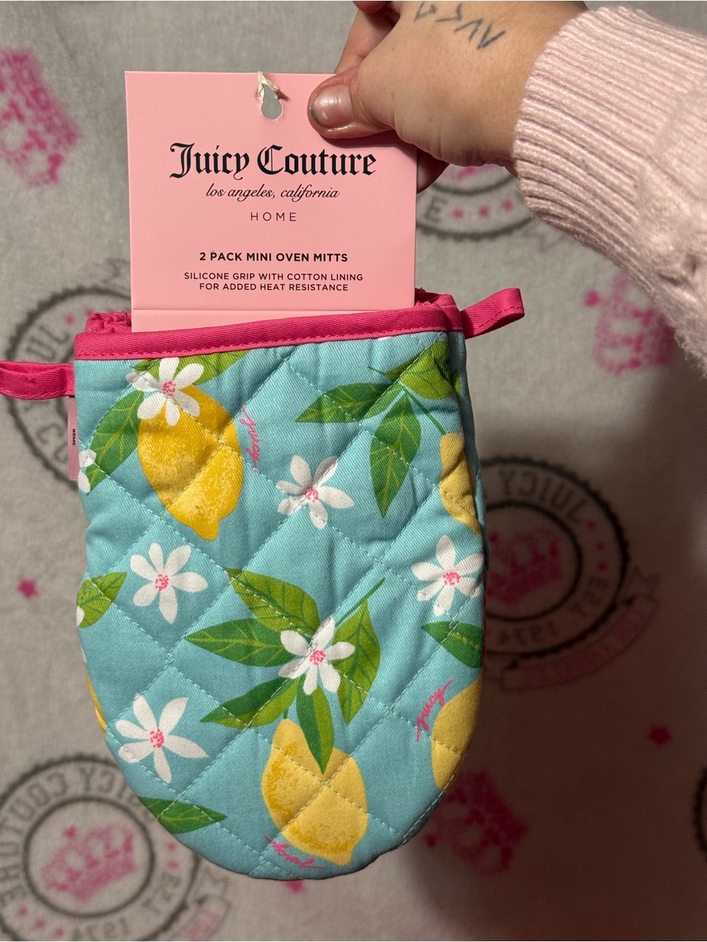 Juicy Couture Turquoise Lemon Print Mini Oven Mitts with Pink Trim